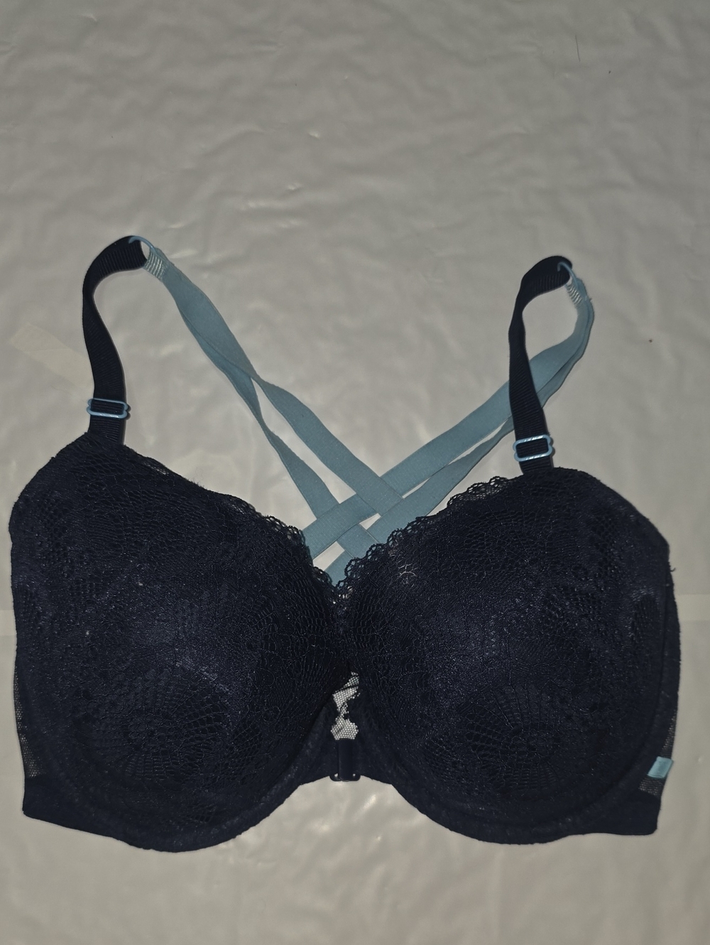 Victoria's Secret Black Lace Push-Up Bra with Teal Strappy Back